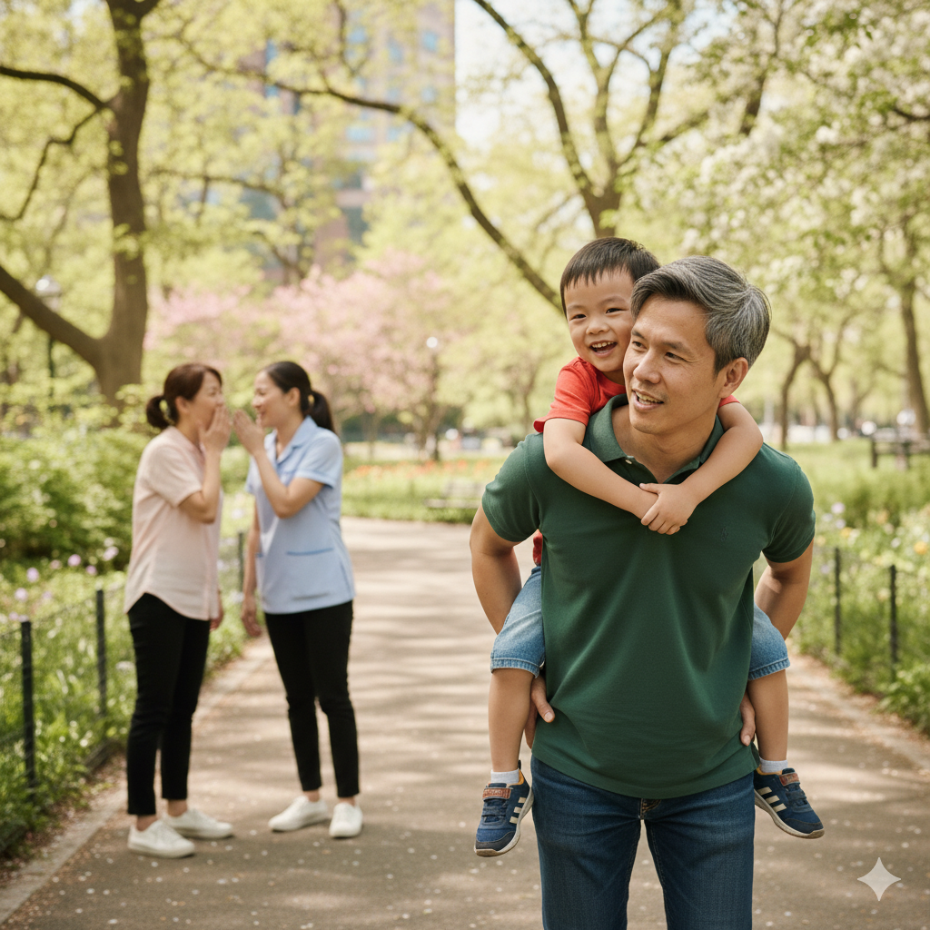 Người lớn tuổi đưa cháu đi chơi công viên